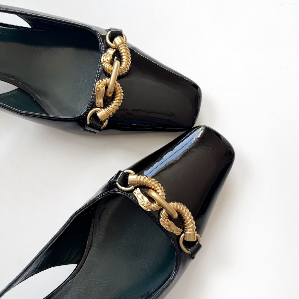 Tory Burch Jessa 55mm Slingback Heels Patent Leather Block Heel Gold Rams Chain - Picture 10 of 11